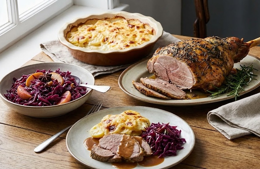 Lammkeule mit Kartoffelgratin und Rotkohl