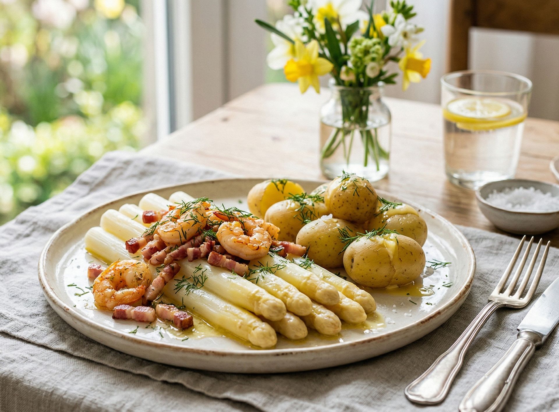 Spargel mit Speck, Garnelen und Dill
