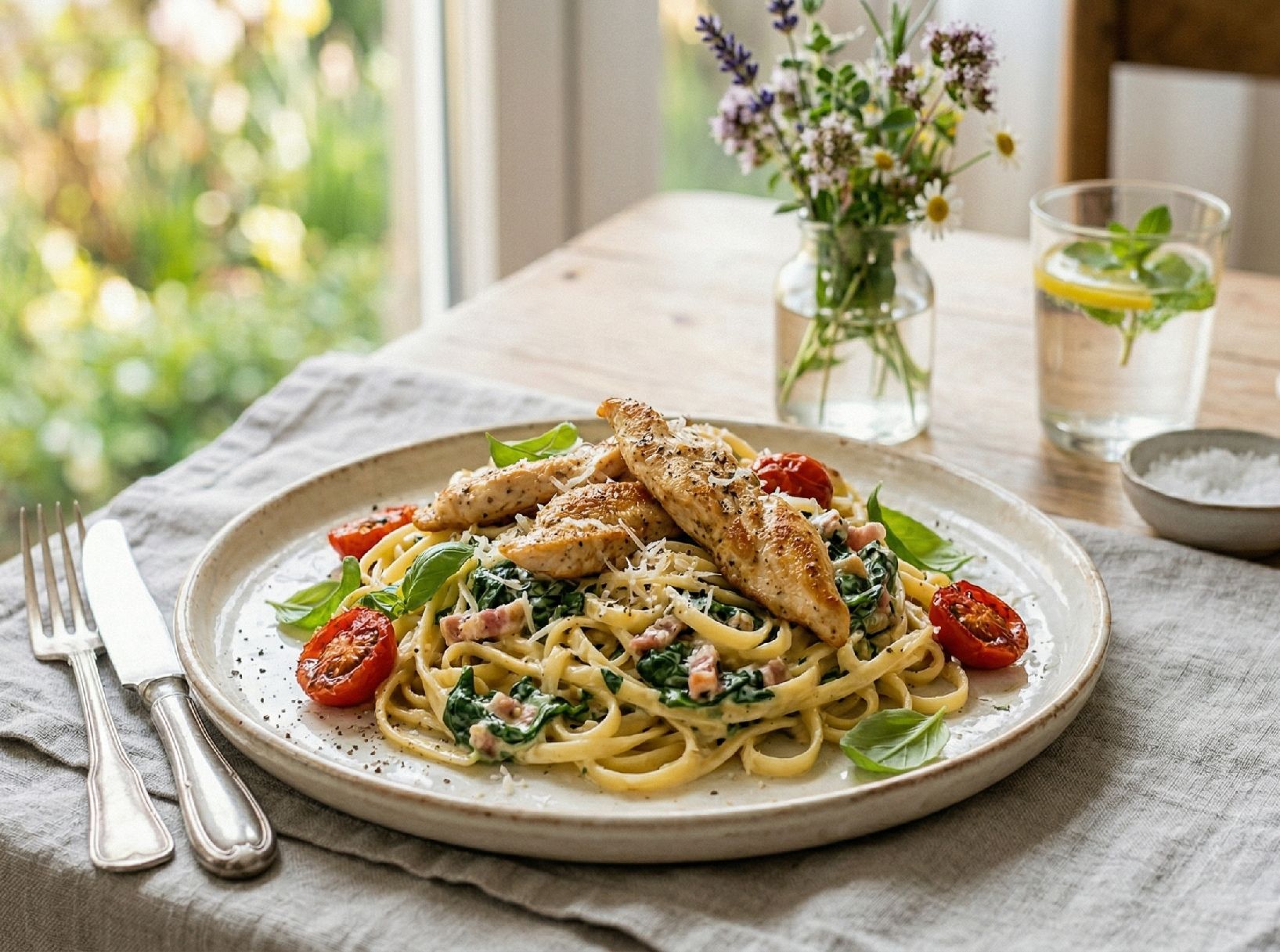 Rezeptfoto: Linguine mit Spinat-Carbonara und Hähnchenbrust - Hauptgericht, Pasta, Geflügel | In 25 Min. fertig
