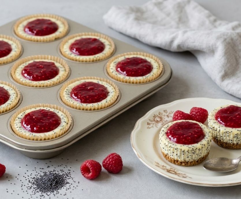 Mohn-Cheesecake mit Himbeersauce