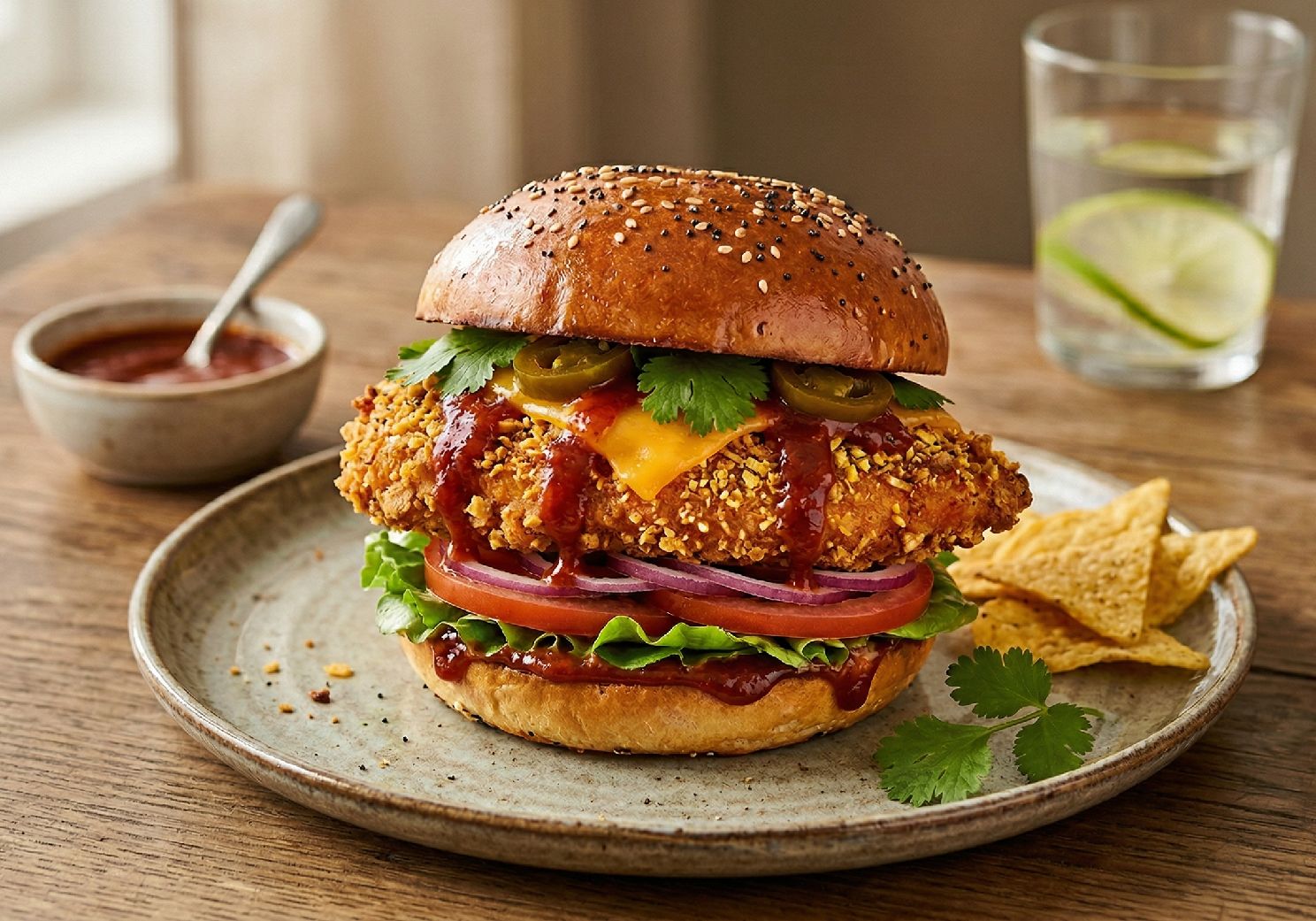 Rezeptfoto: Pikanter Hähnchen-Tortilla-Burger - Fingerfood, Burger, Hähnchen | In 60 Min. fertig